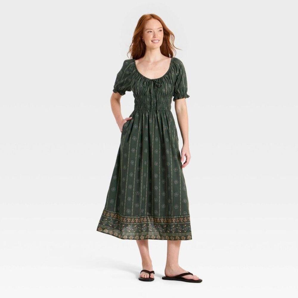 Women's Balloon Short Sleeve Printed Maxi Sundress - Green Floral L